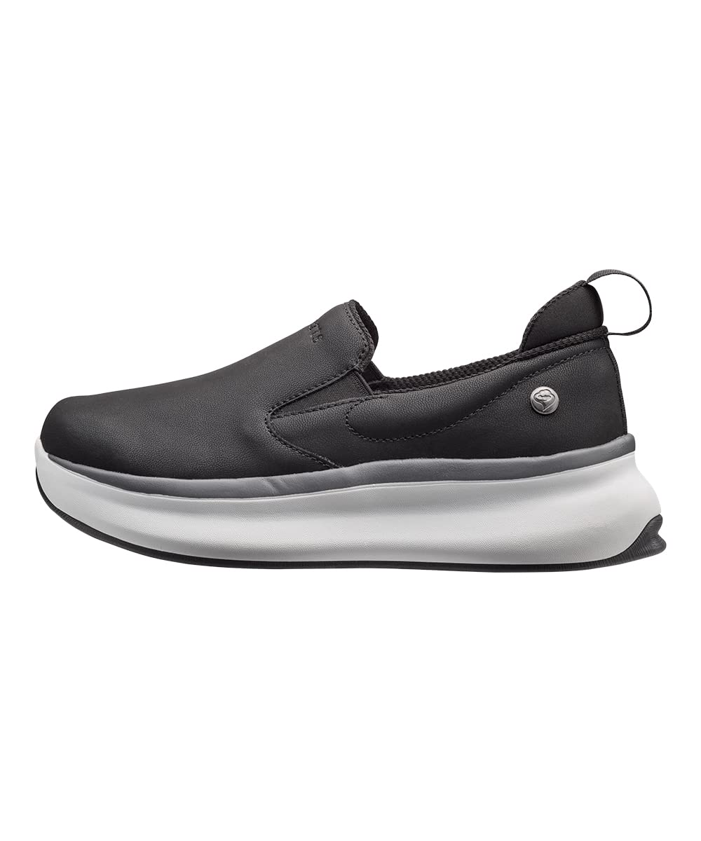 Silvert's women's wide width slip-on shoe in black, side view emphasizing shape and stability.