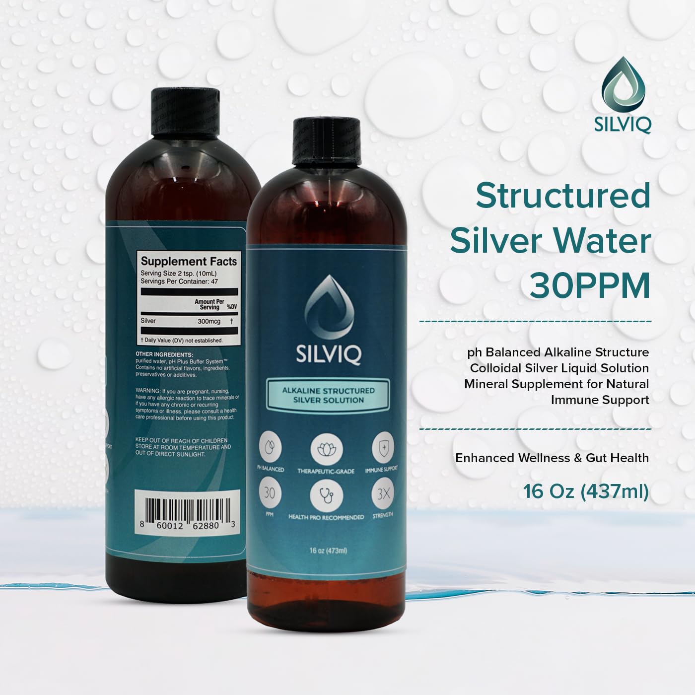 Two-teaspoon SILVIQ dose on a measuring spoon beside the bottle.