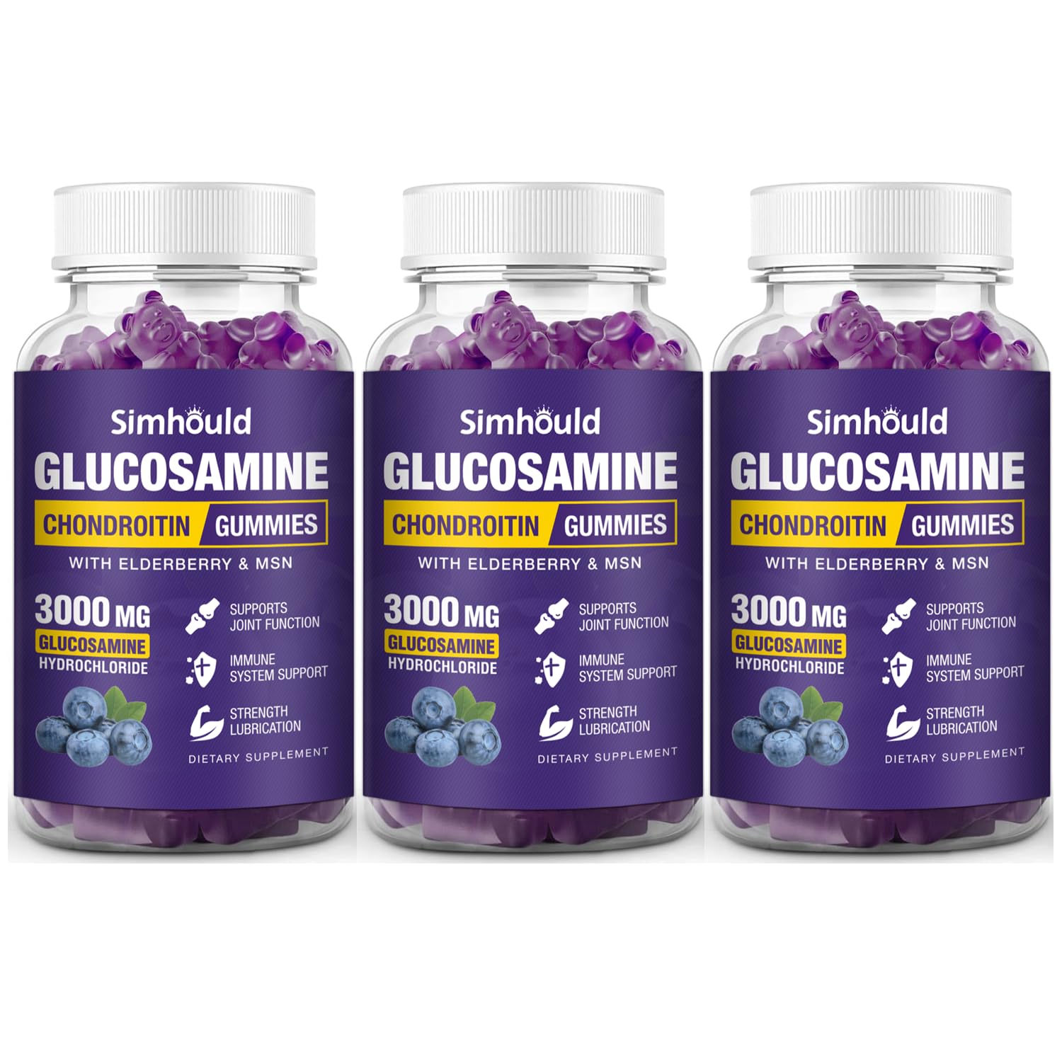 Simhould three-pack glucosamine chondroitin gummies displayed for joint support.