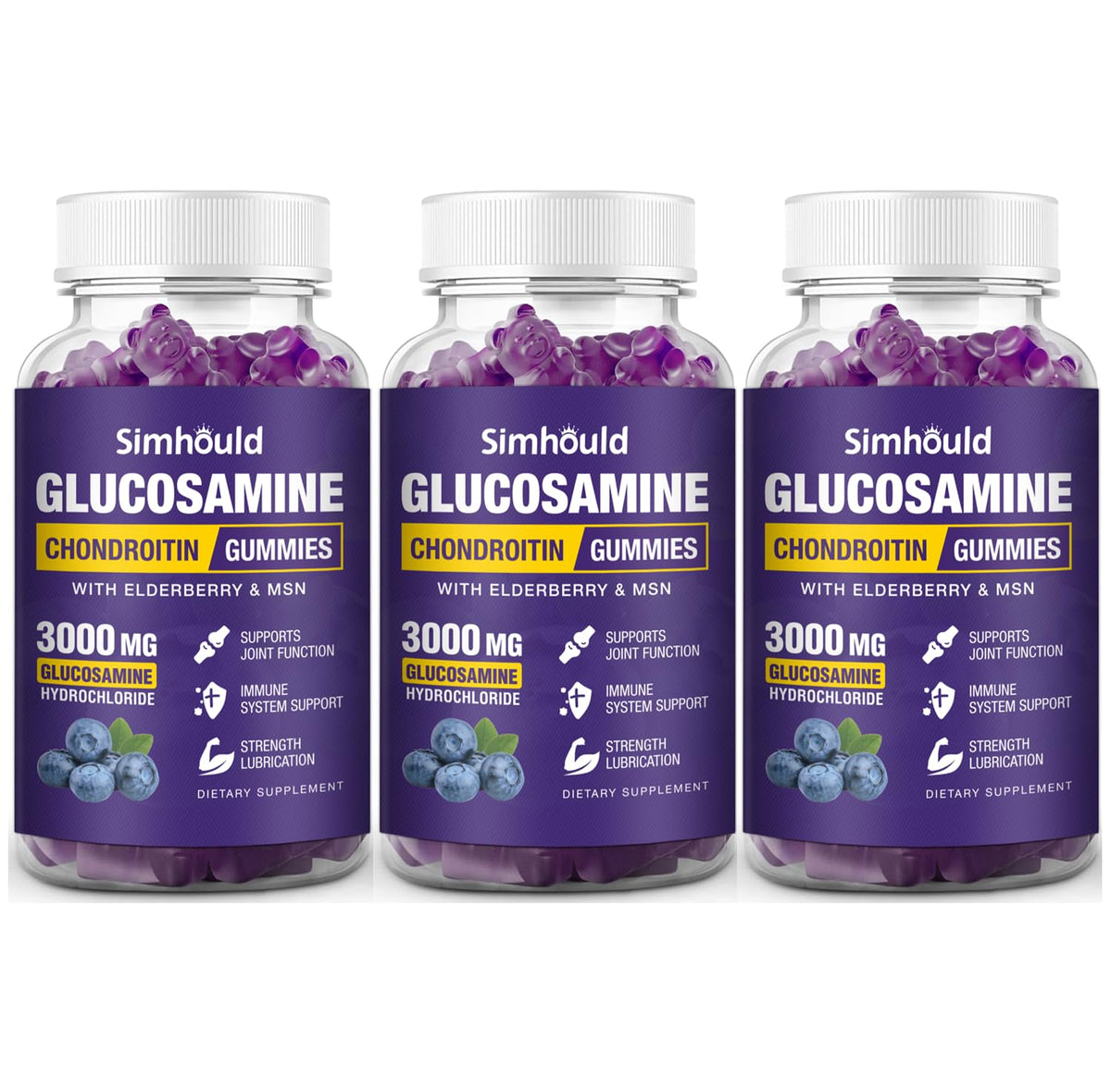 Simhould three-pack glucosamine chondroitin gummies displayed for joint support.