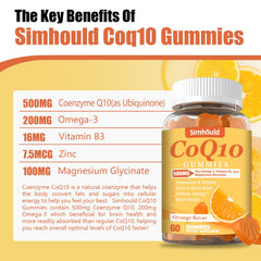 Ingredients close-up of Simhould CoQ10 Gummies highlighting omega-3 and minerals