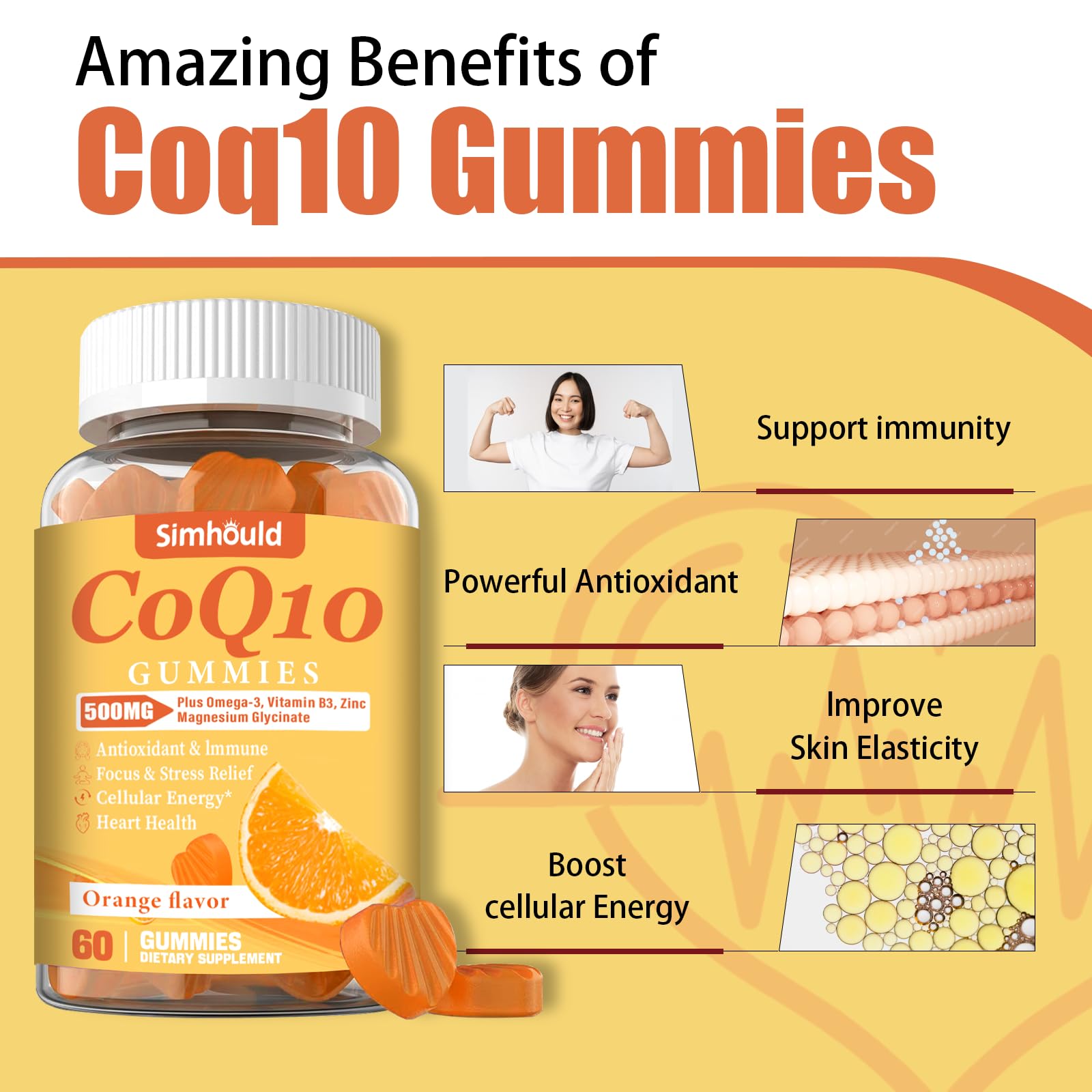Close-up of gummy texture from Simhould CoQ10 Gummies for enjoyable daily supplementation