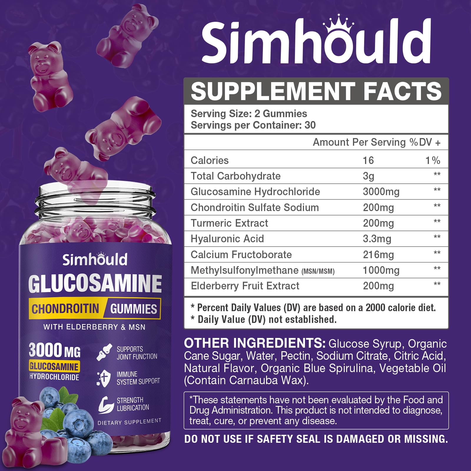Simhould elderberry immune-support gummies highlighting elderberry content.