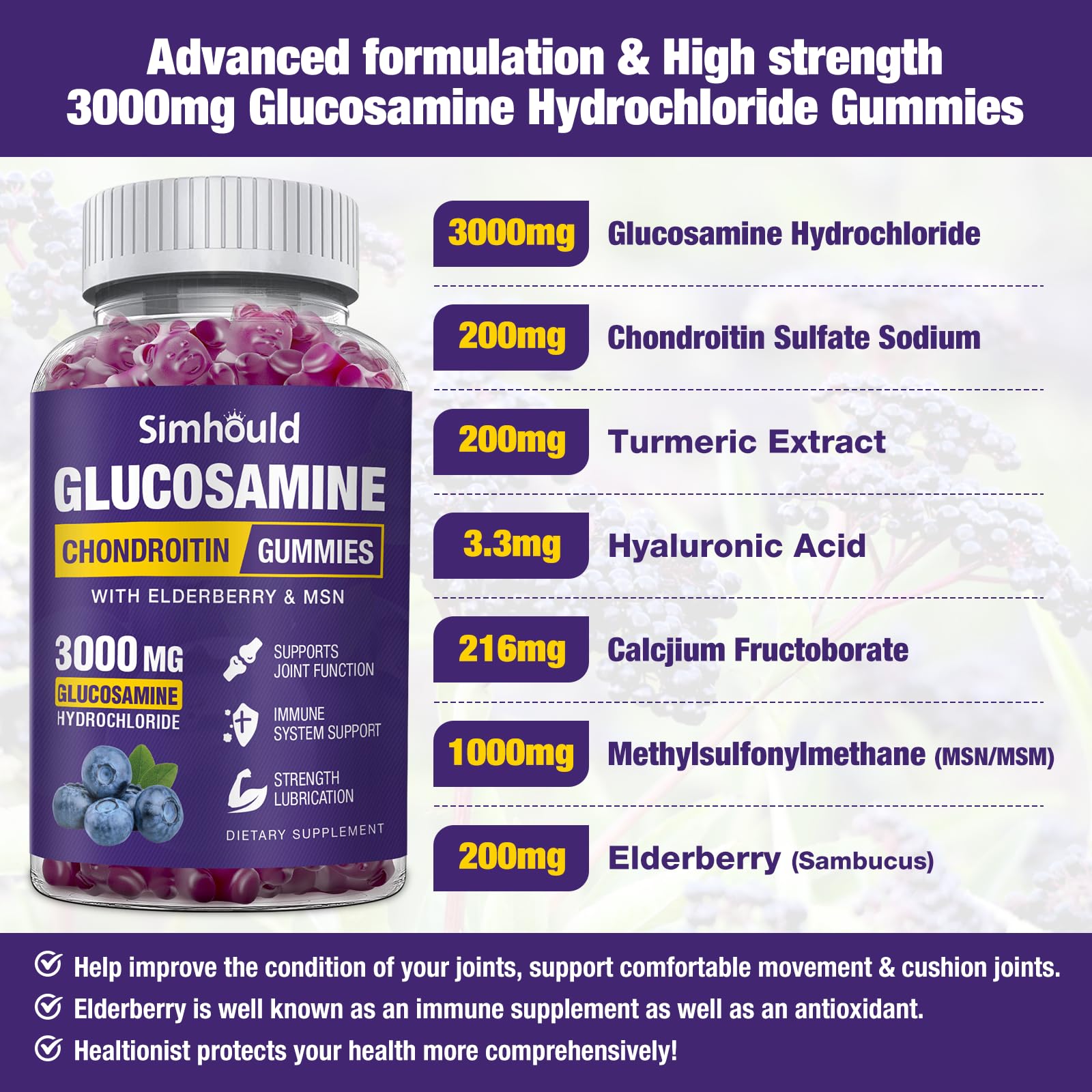 Close-up of Simhould glucosamine chondroitin gummies ingredient label.