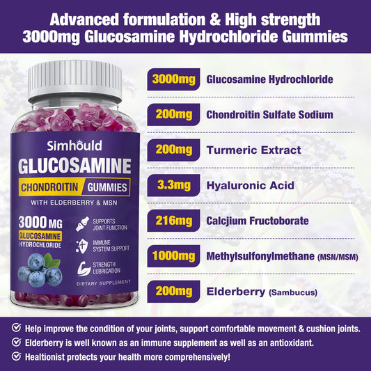 Close-up of Simhould glucosamine chondroitin gummies ingredient label.