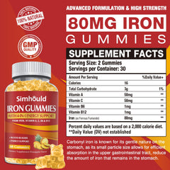 Simhould iron gummies 80mg bottle closeup emphasizing high iron content for energy