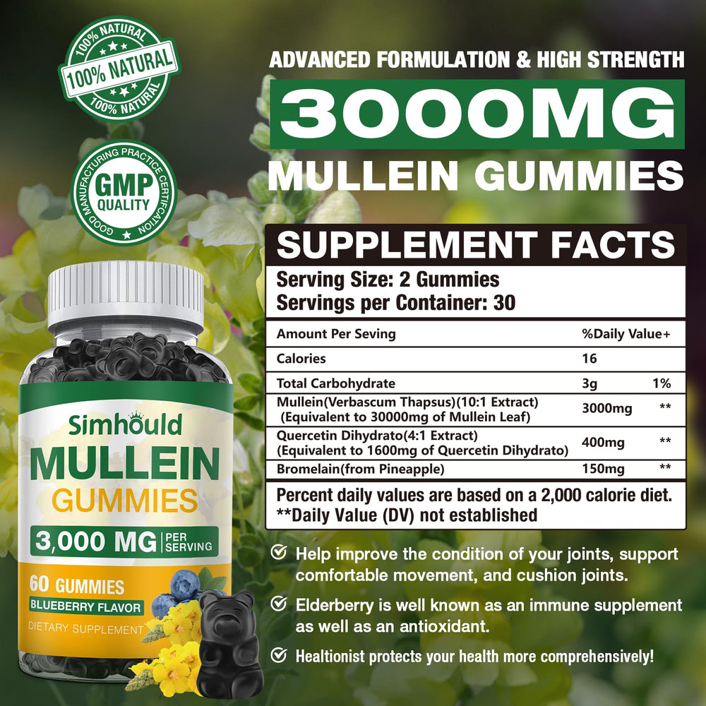 Simhould mullein gummies label close-up highlighting quercetin and bromelain blend for digestion support.