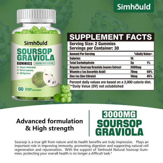 Simhould Soursop Gummies 2-pack bottle back label shows dosage and non-GMO details
