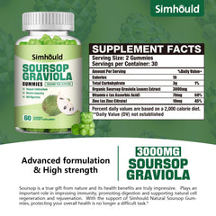 Simhould Soursop Gummies 2-pack bottle back label shows dosage and non-GMO details