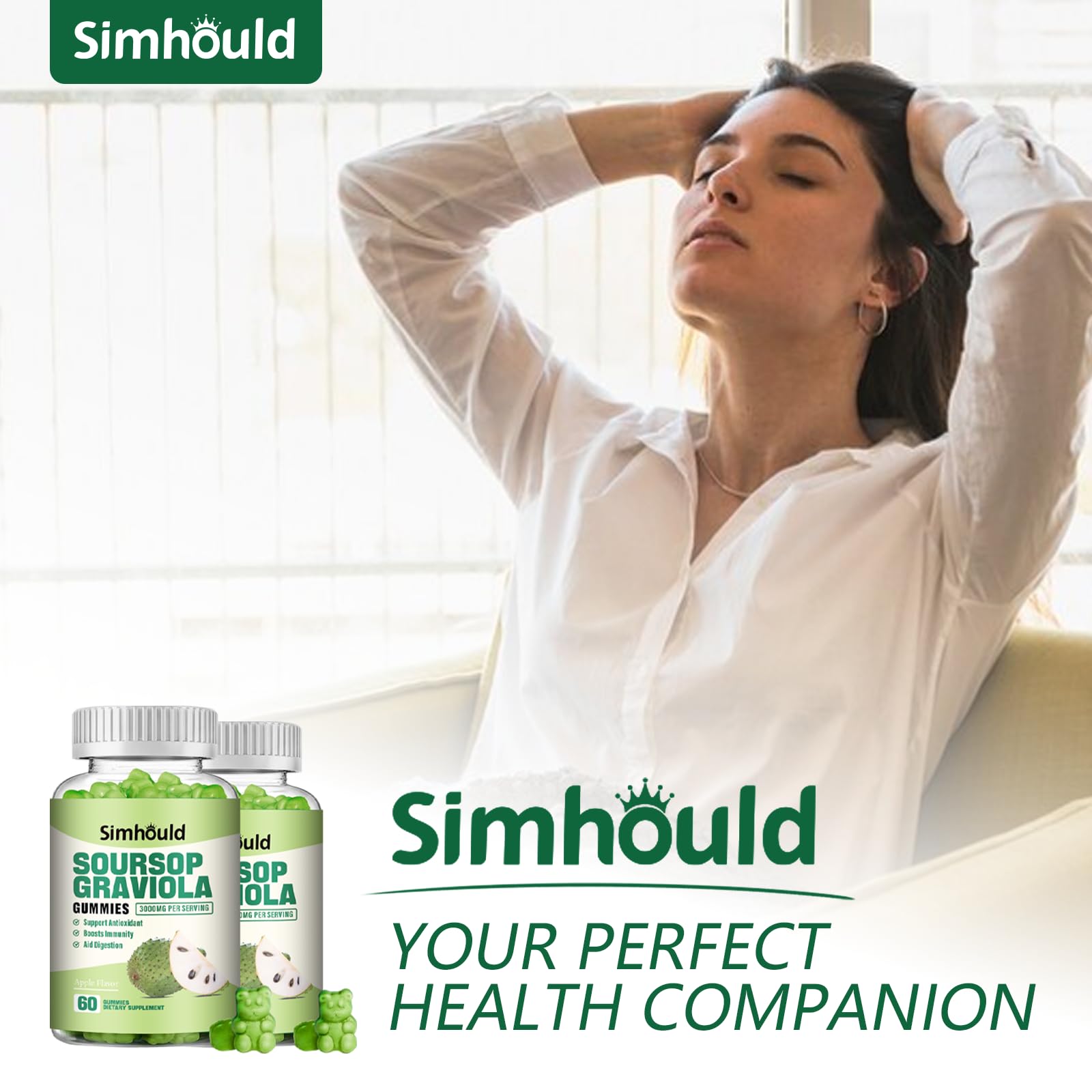 Label on Simhould Soursop Gummies emphasizing vegan and sugar-free attributes