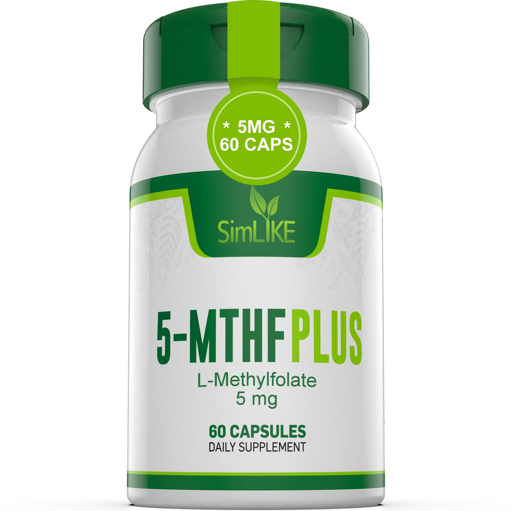 Simlike Active Folate bottle with capsules shows methylated B vitamins for daily support.