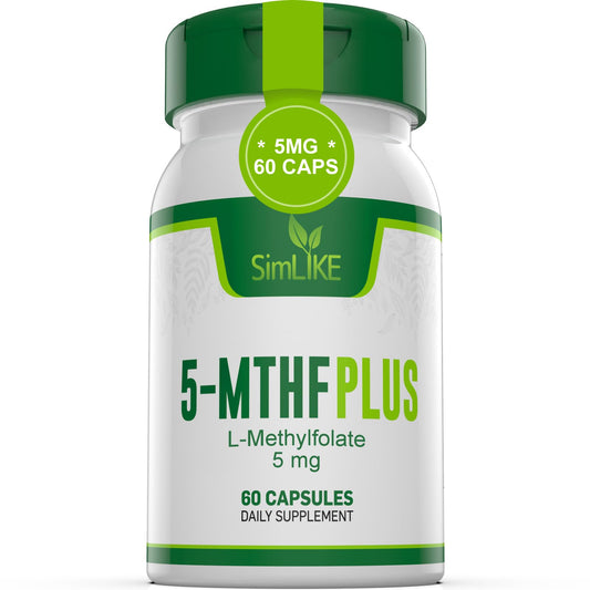 Simlike Active Folate bottle with capsules shows methylated B vitamins for daily support.