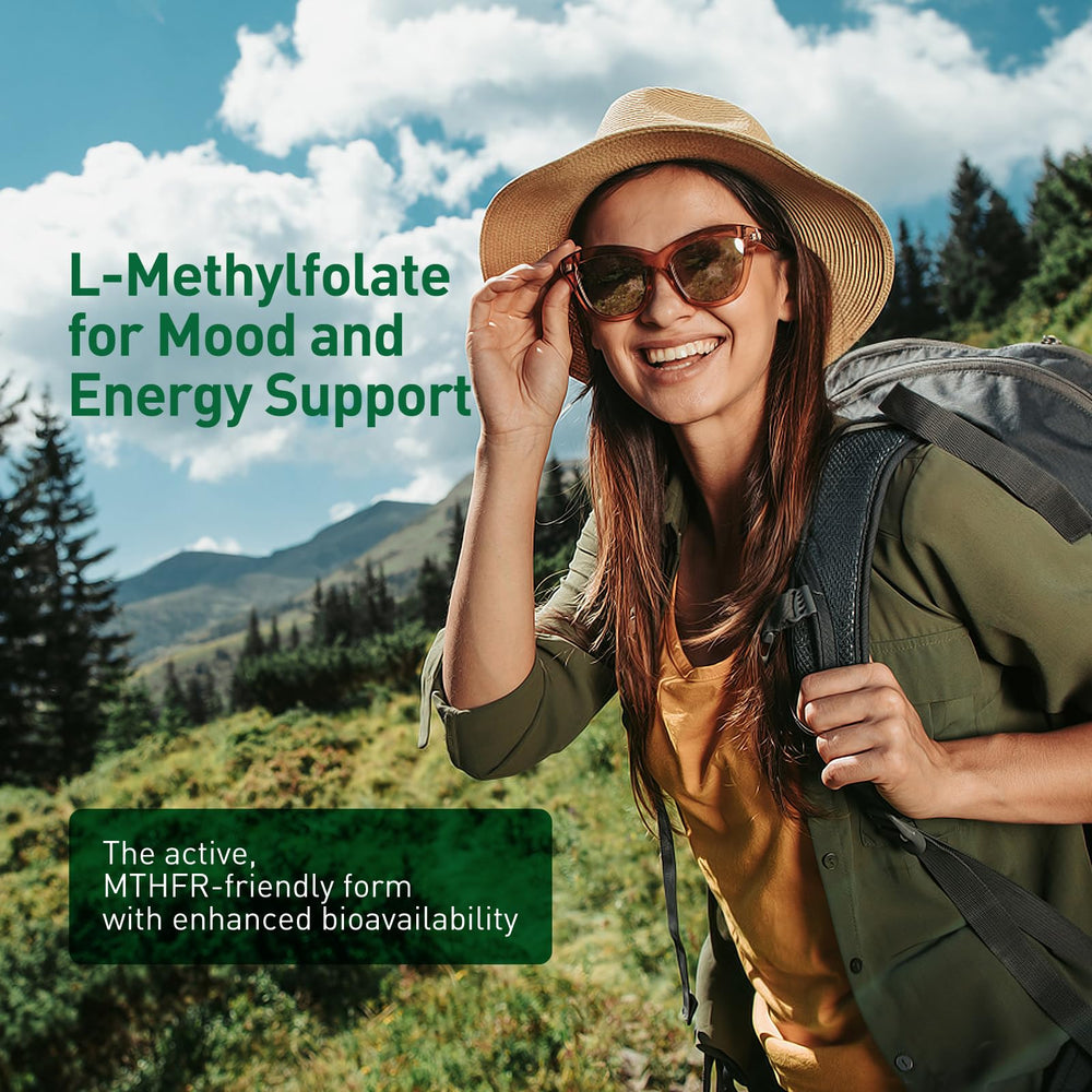 Simlike Active Folate bottle on kitchen counter implies a simple gluten-free wellness routine.