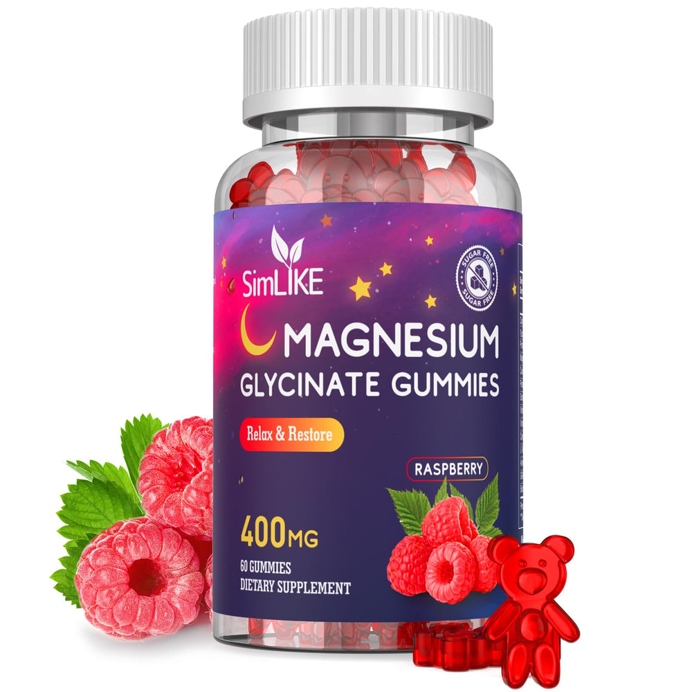 Simlike magnesium glycinate gummies raspberry bottle promotes calm and easy nightly routines