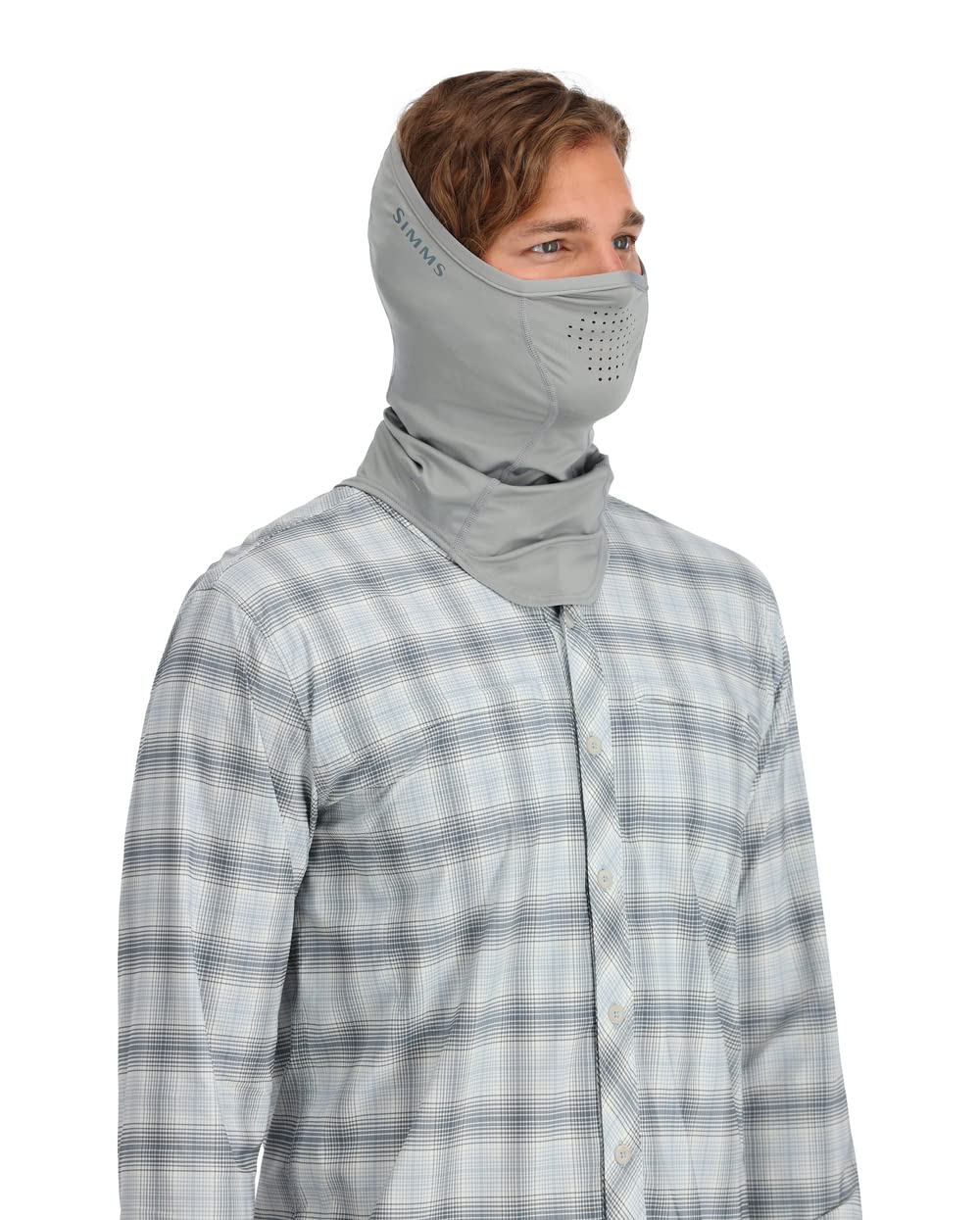 Simms BugStopper SunGaiter worn during fishing for sun and insect protection.