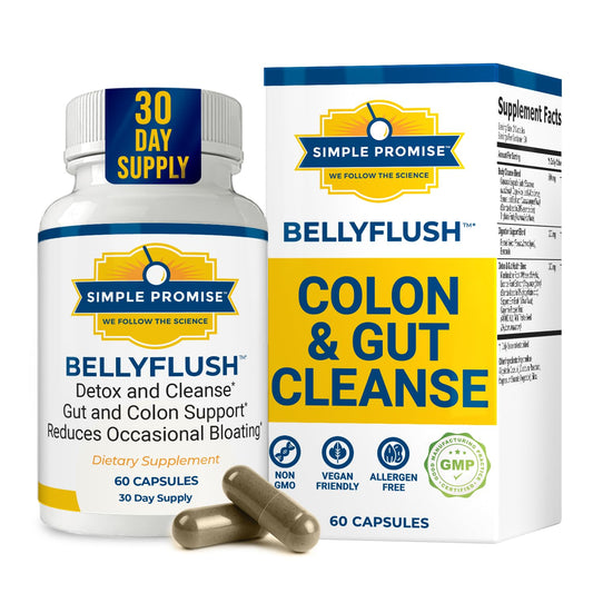 Simple Promise BellyFlush bottle close-up showing gentle gut support packaging
