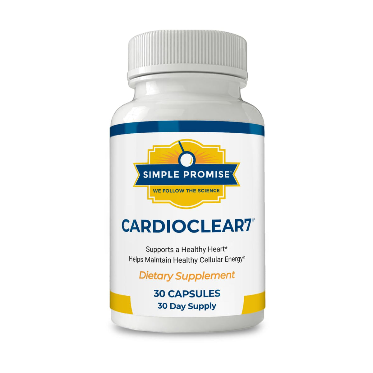 Simple Promise CardioClear7 bottle front displaying branding and label.