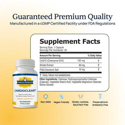 Simple Promise CardioClear7 bottle label highlights CoQ10 and PQQ ingredients.