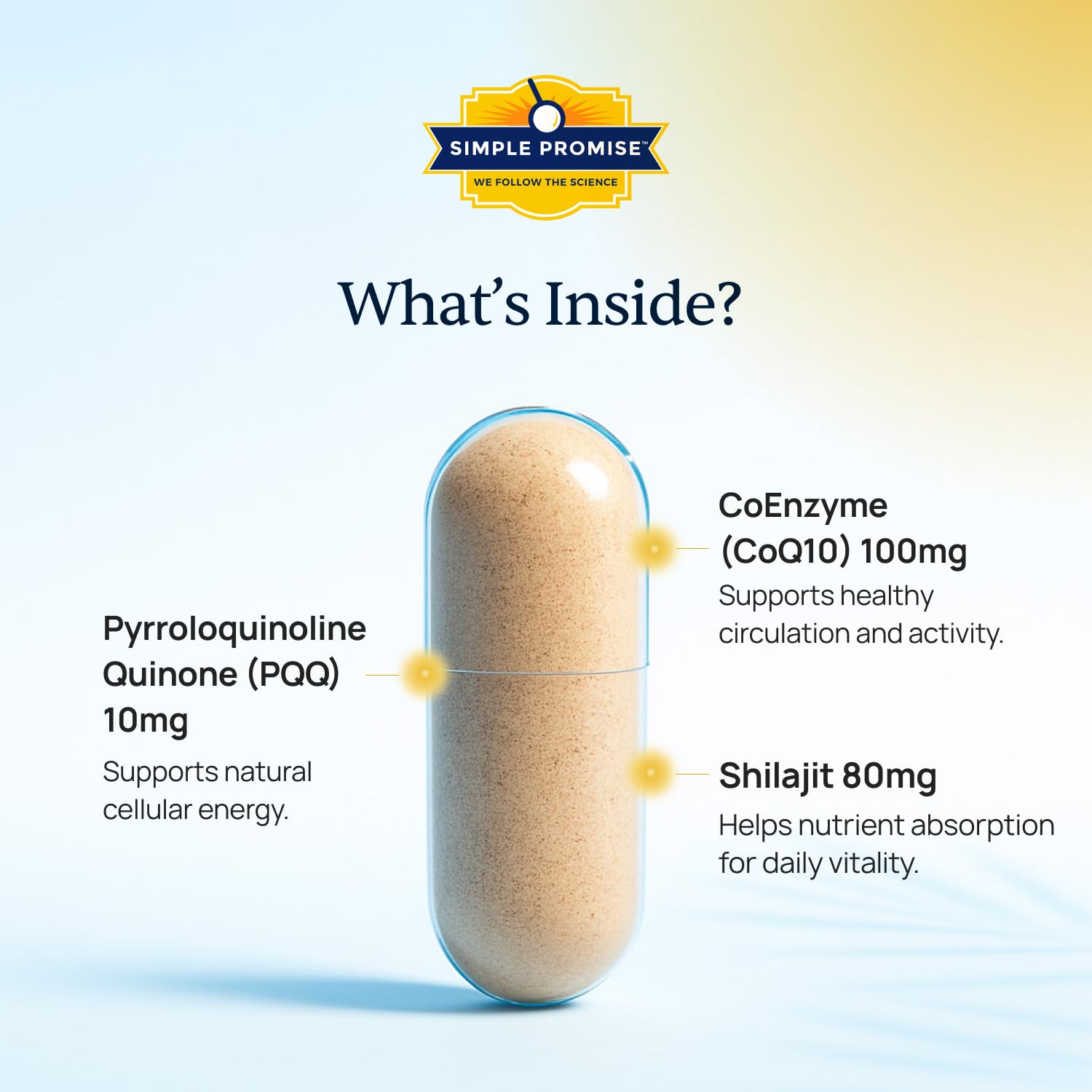 Close-up of CardioClear7 capsules, emphasizing energy support with CoQ10 and PQQ.