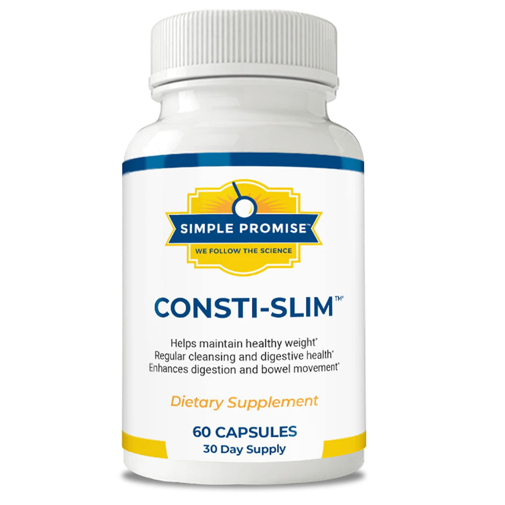 Simple Promise Consti-Slim bottle on desk supports daily digestive balance.