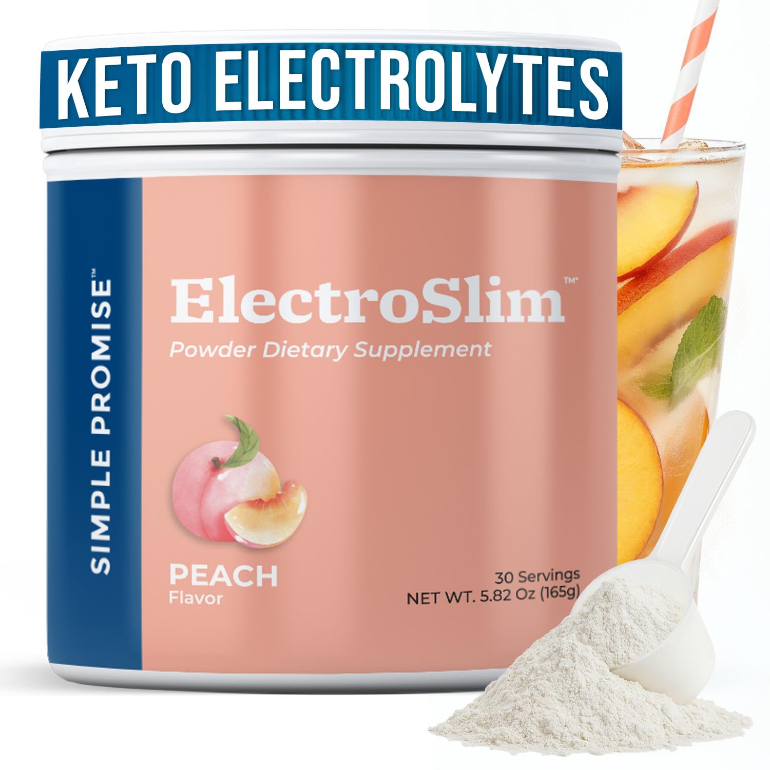 Simple Promise ElectroSlim peach powder in a jar supports sugar-free hydration.