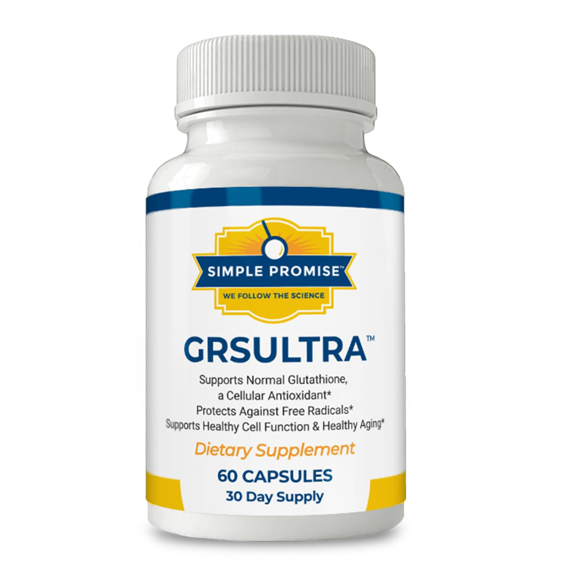Simple Promise GRS Ultra bottle view with two capsules, suggesting easy daily antioxidant support