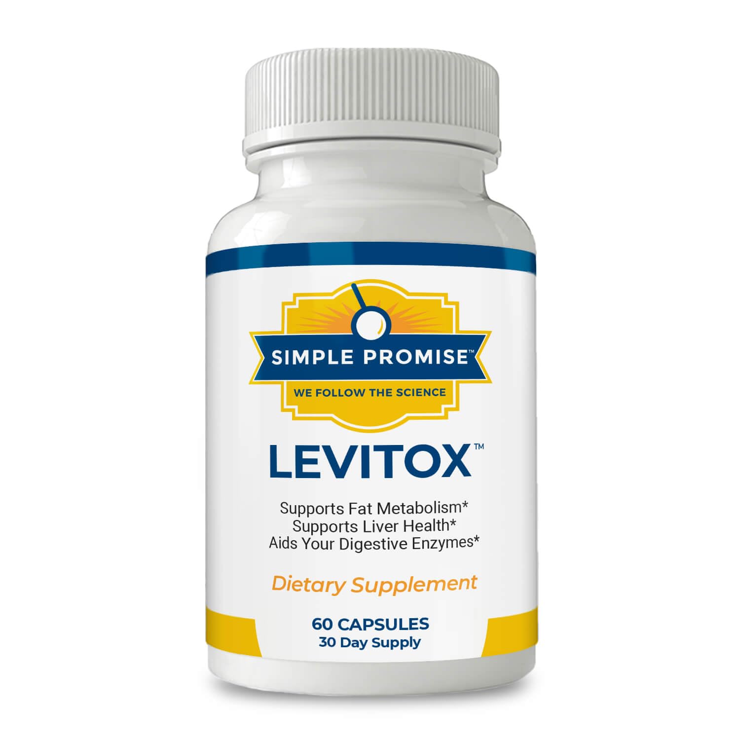 Simple Promise Levitox bottle on desk signaling easy daily liver-support.