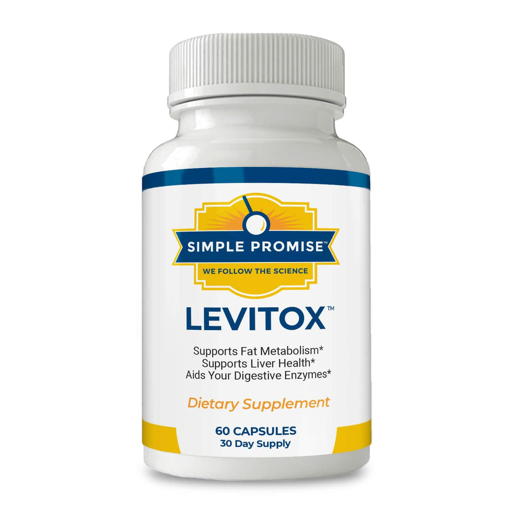 Simple Promise Levitox bottle on desk signaling easy daily liver-support.