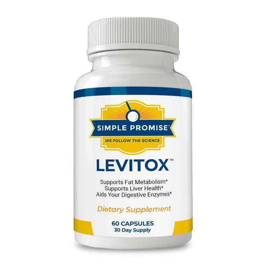 Simple Promise Levitox bottle on desk signaling easy daily liver-support.