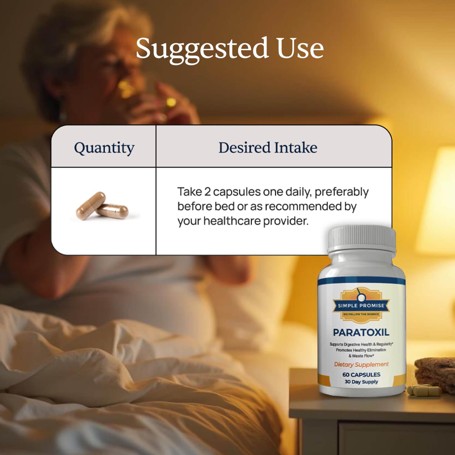 Simple Promise Paratoxil on countertop with water, ready for daily dose