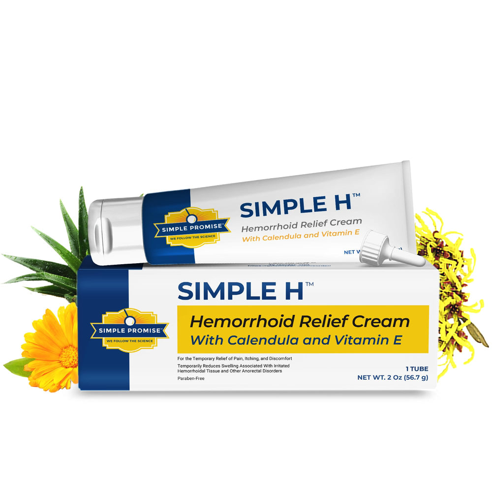 Simple Promise Simple H hemorrhoid cream tube showing quick, non-sticky external application