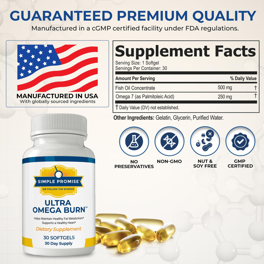 Simple Promise Ultra Omega Burn bottle front with label highlighting palmitoleic acid source for metabolic support.