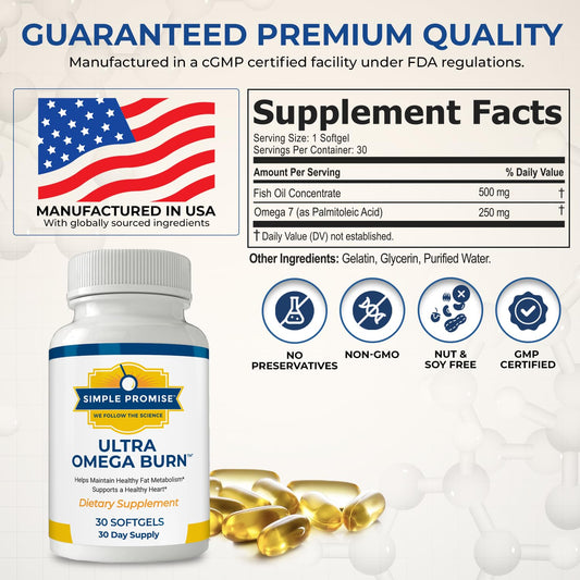 Simple Promise Ultra Omega Burn bottle front with label highlighting palmitoleic acid source for metabolic support.
