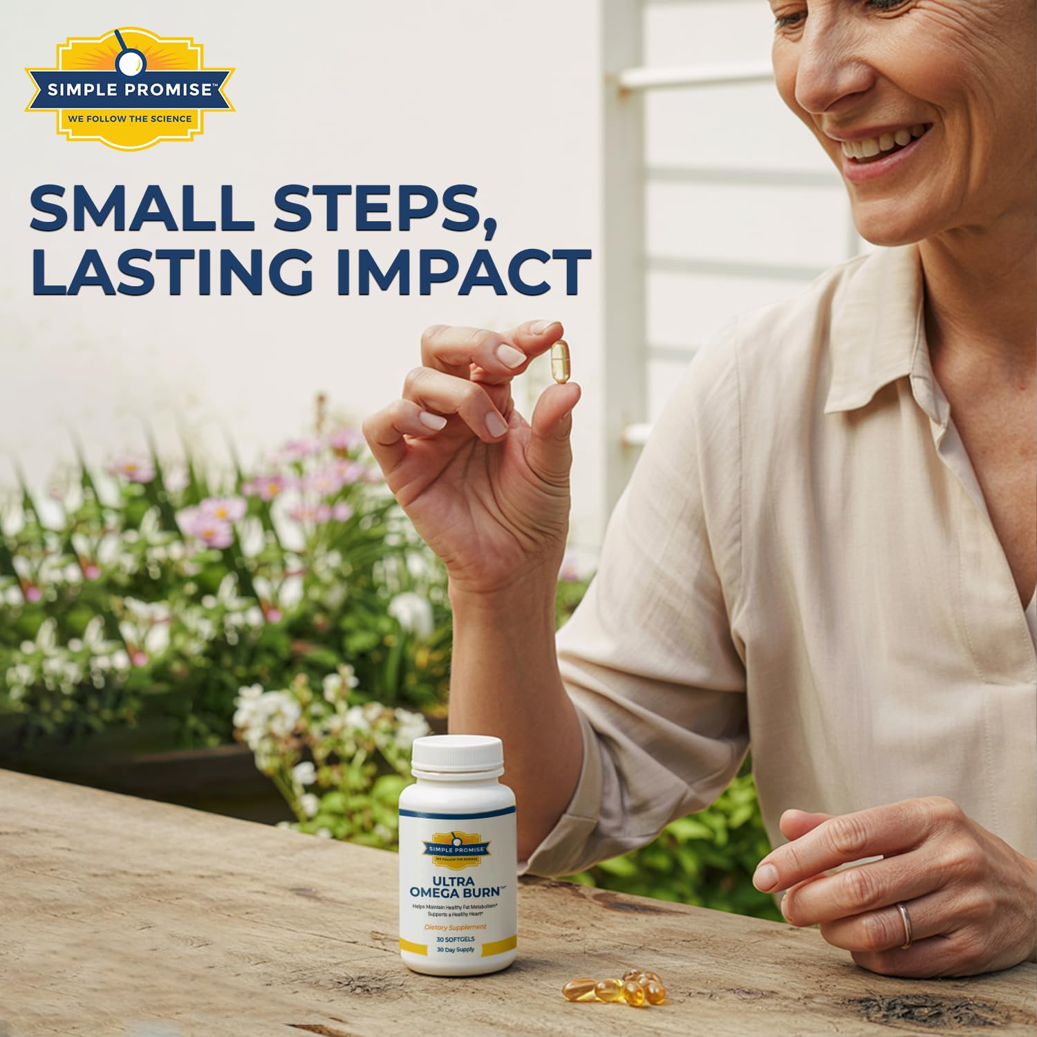 Simple Promise Ultra Omega Burn daily-use setup beside a meal for daily fat-metabolism support.