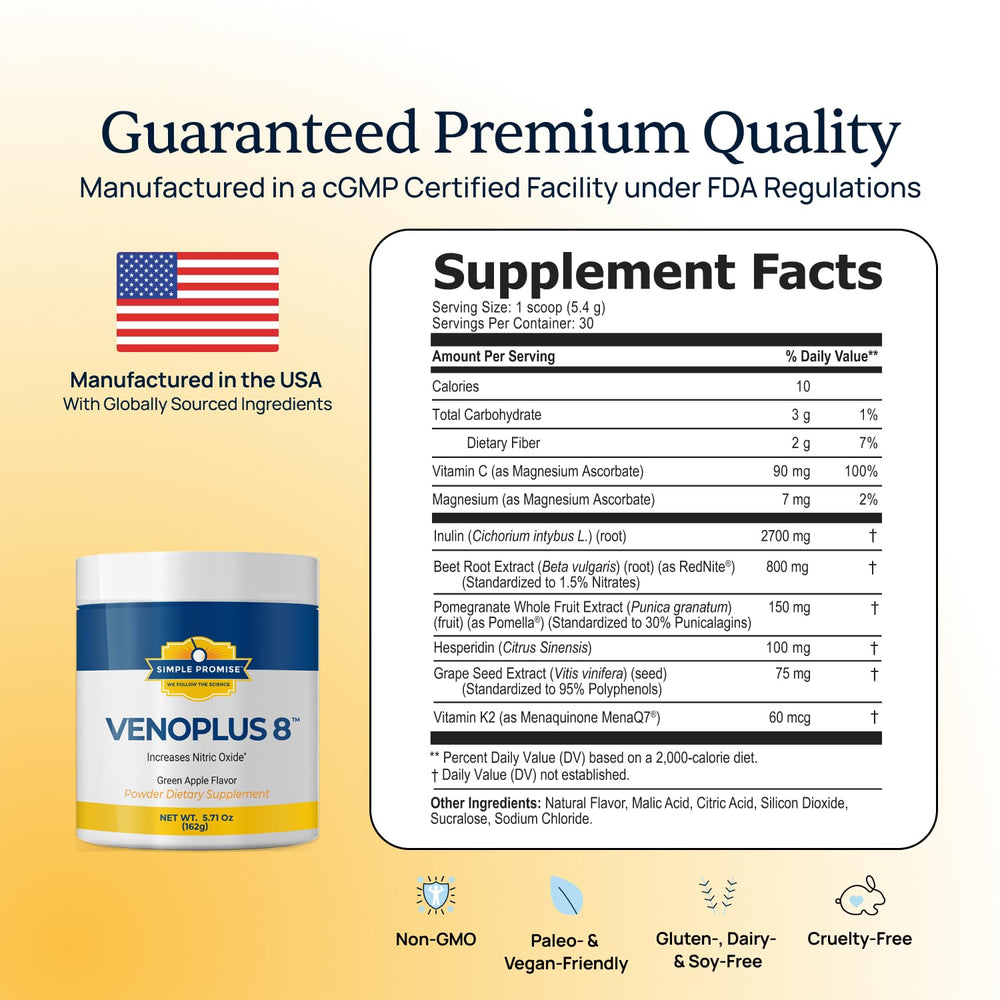 Simple Promise VenoPlus8 scoop dispensing, easy 10 oz water mix for a sugar-free drink.