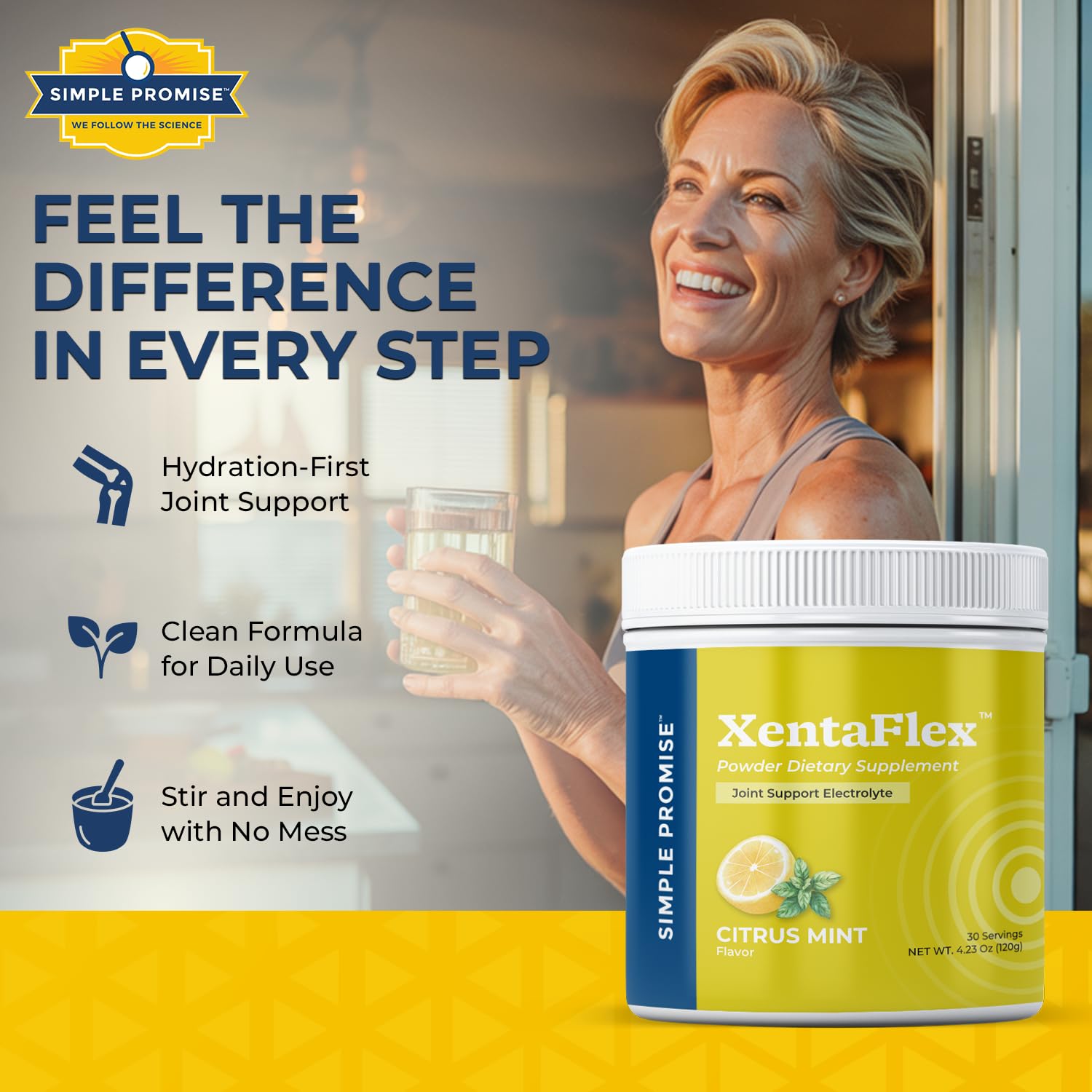 Simple Promise XentaFlex in an active lifestyle scene signaling mobility.