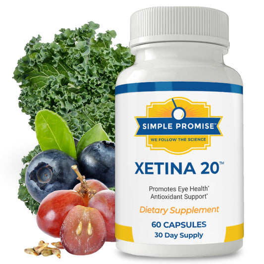 Simple Promise Xetina 20 bottle-front showing capsules for daily eye health.