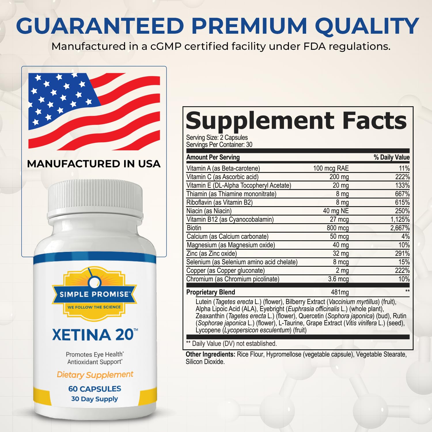 Simple Promise Xetina 20 capsules-closeup highlighting lutein and zeaxanthin.