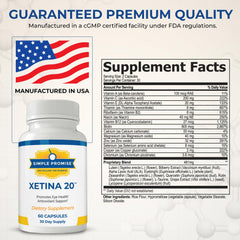 Simple Promise Xetina 20 capsules-closeup highlighting lutein and zeaxanthin.