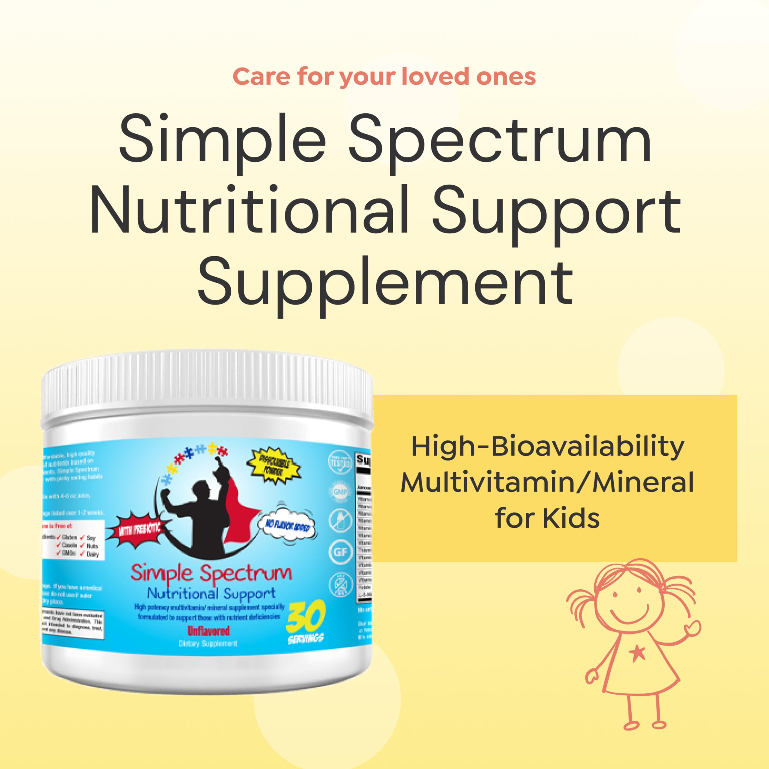 Simple Spectrum powder being poured into juice for kid-friendly nutrition.