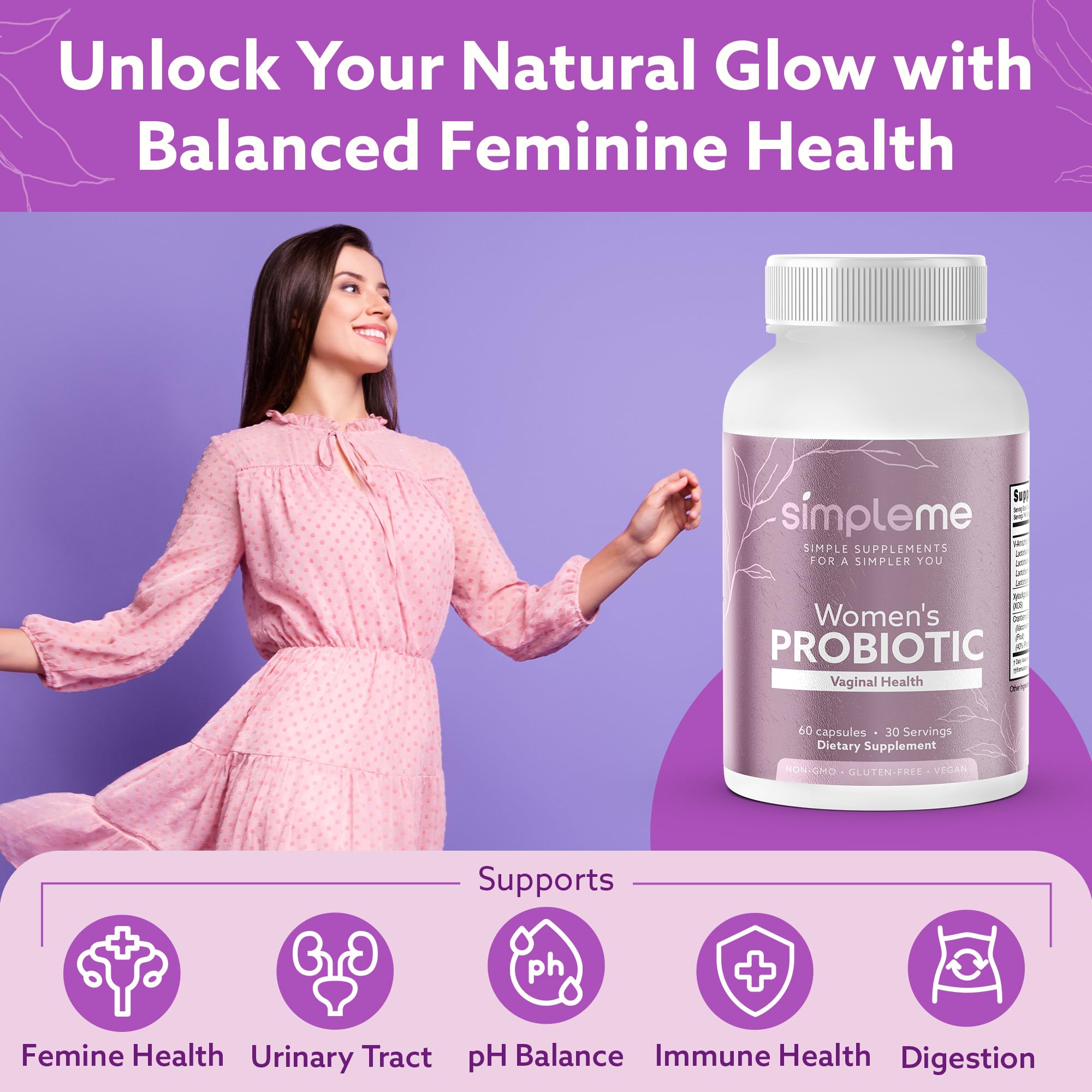Simpleme probiotics bottle close-up highlighting prebiotics for gut flora.