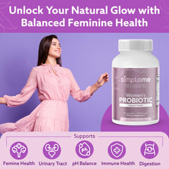 Simpleme probiotics bottle close-up highlighting prebiotics for gut flora.