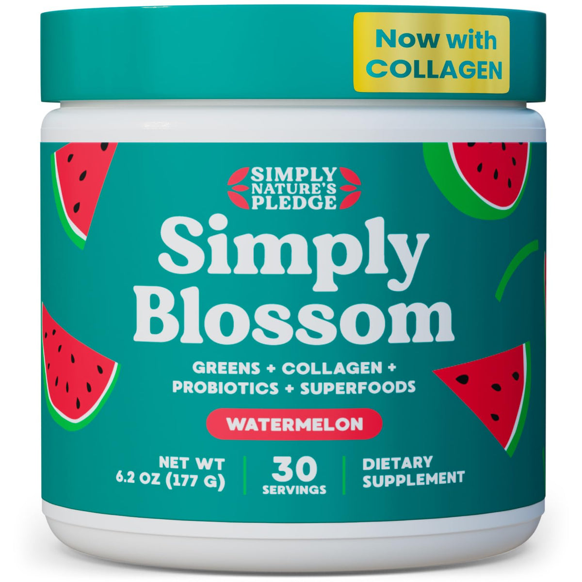 Simply Blossom Daily Greens tub front showing a nutrient-rich blend for daily wellness.