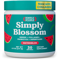 Simply Blossom Daily Greens tub front showing a nutrient-rich blend for daily wellness.
