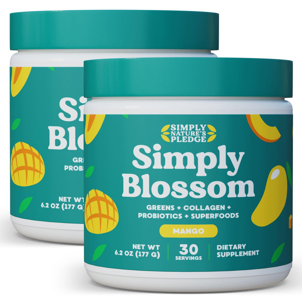 Simply Blossom Daily Greens tub: a nutrient-dense powder for daily wellness.