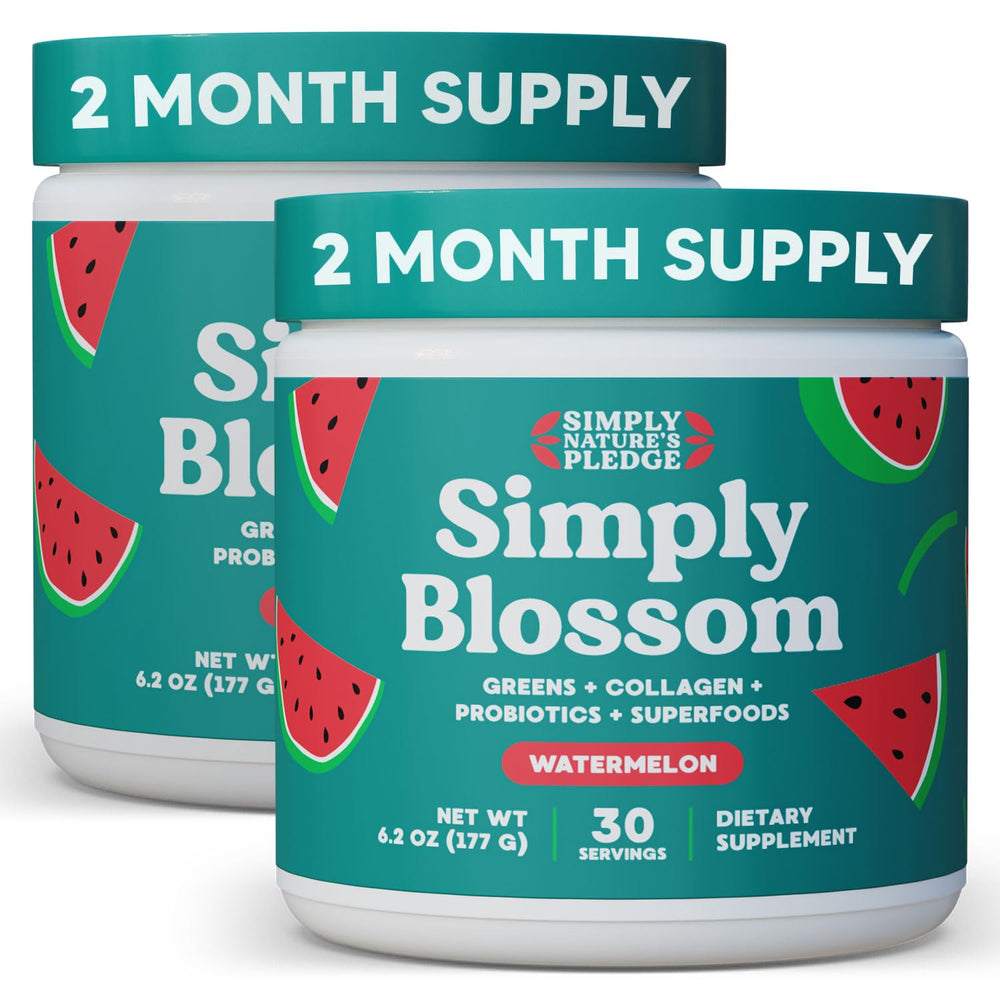 Simply Blossom daily greens tub showing a 2 month supply for nutrition