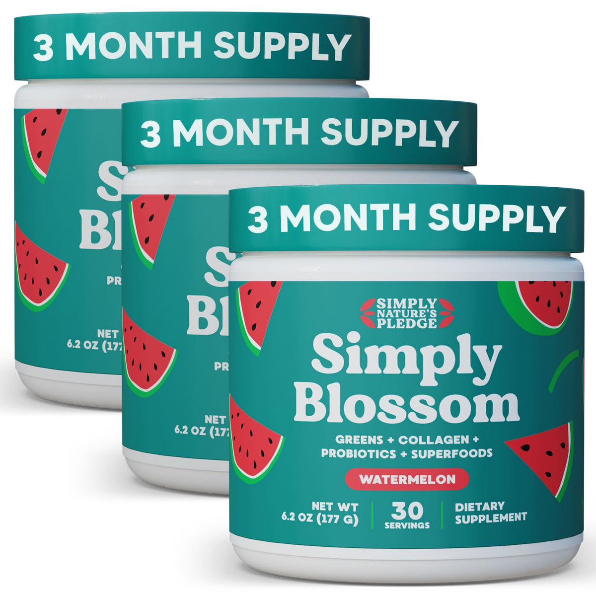 Simply Blossom Greens bottle with scoop for easy daily digestion support.