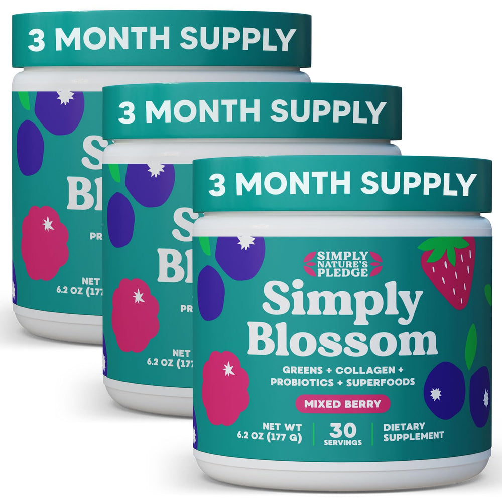Simply Blossom Greens powder in bottle, a nutritious daily ritual for digestive wellness