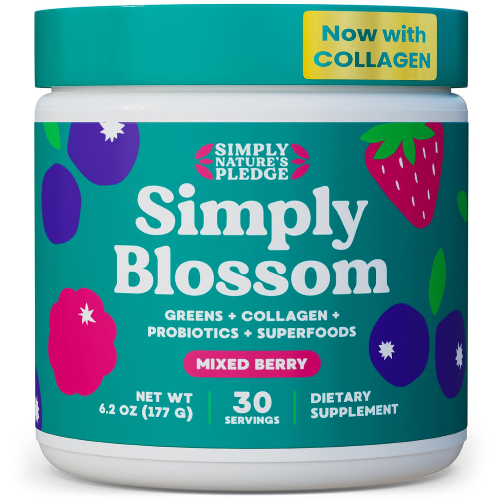 Simply Blossom Greens Powder tub highlighting 45+ nutrients for daily wellness