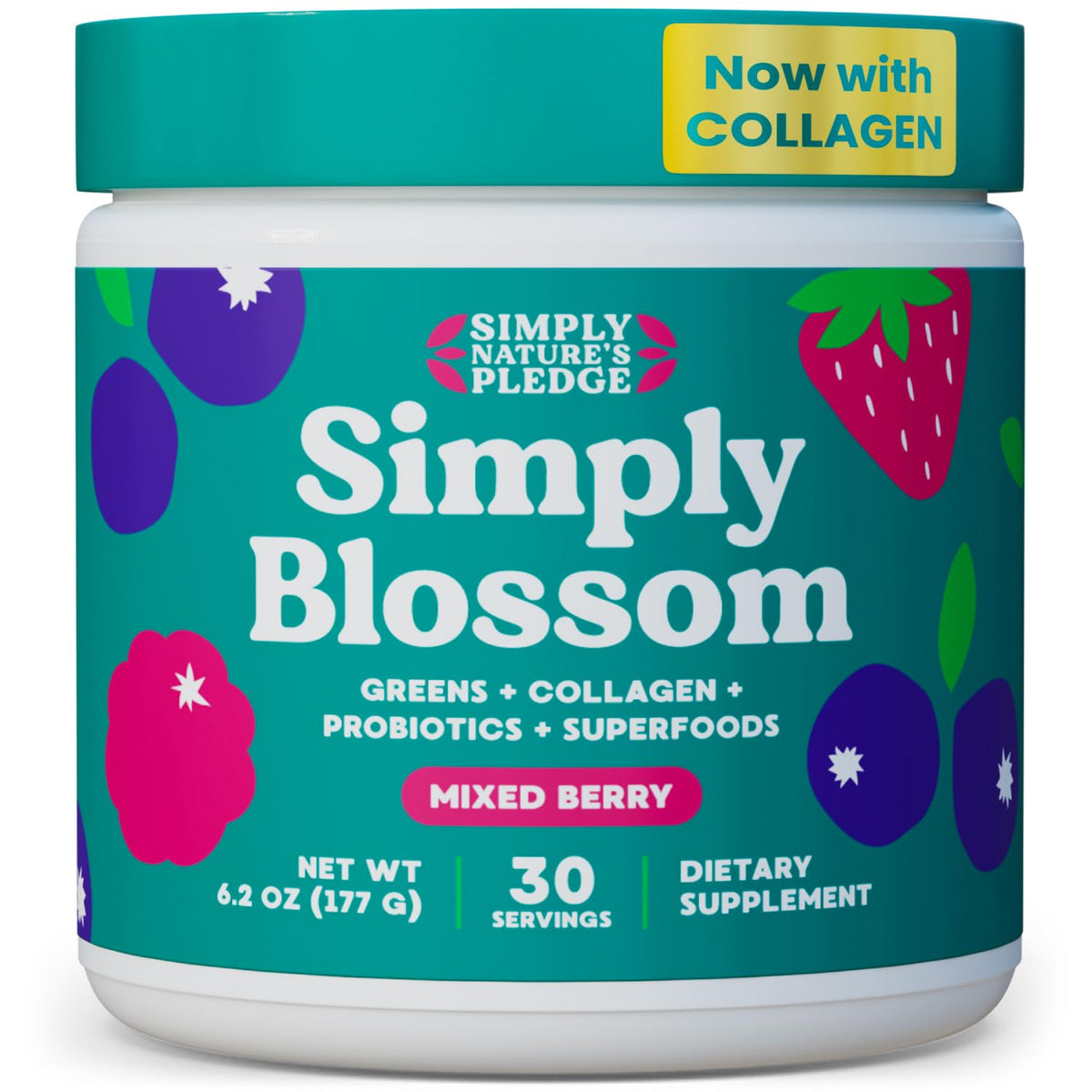 Simply Blossom Greens Powder tub highlighting 45+ nutrients for daily wellness